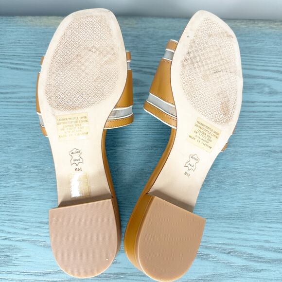 Tory Burch Leather Stitched Logo Slide Heeled Sandal Cognac Brown 9 - Picture 8 of 9